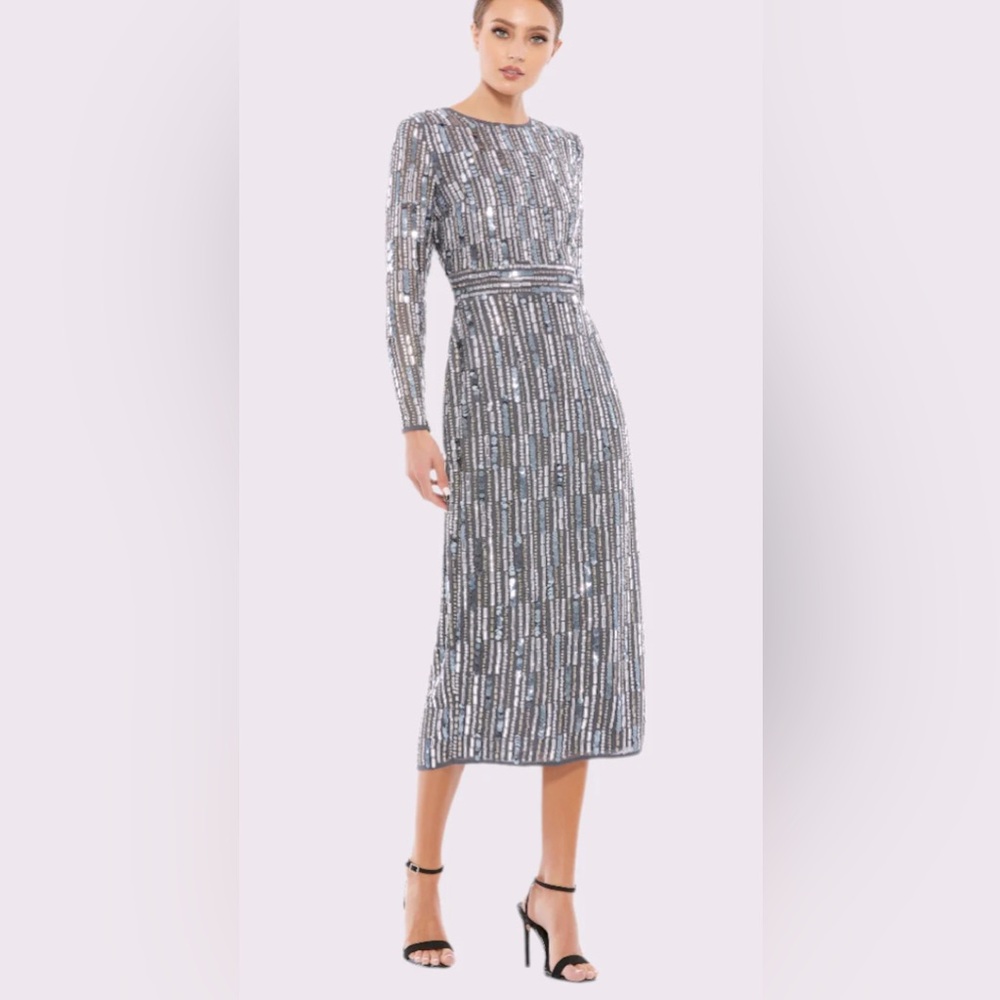 Mac Duggal Silver Sequin Long Sleeve Midi Column Dress
